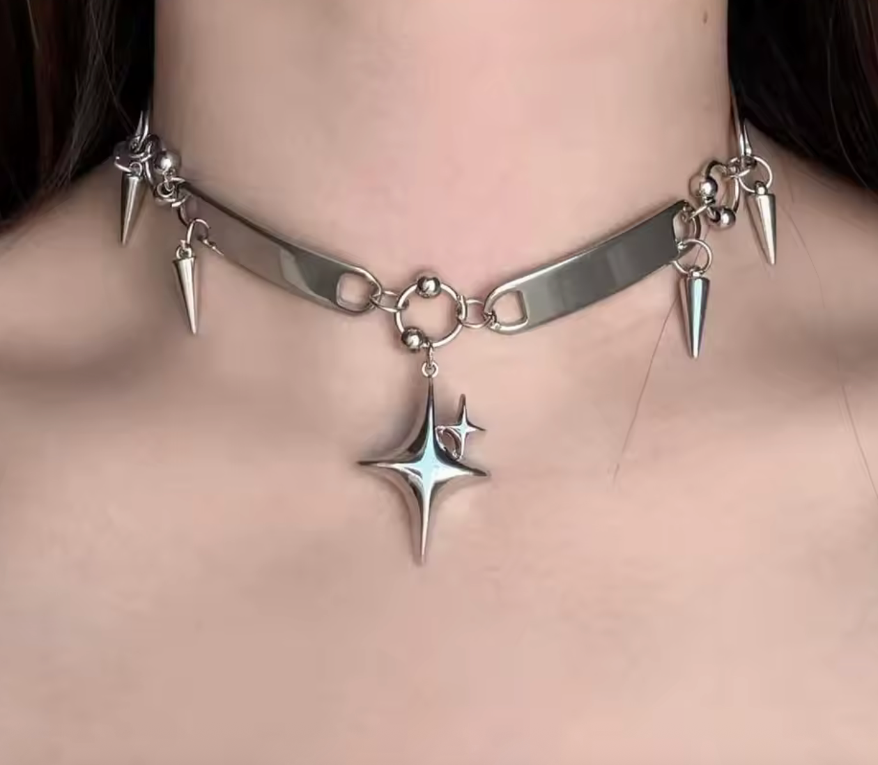 Punk Star Rivet Choker Necklace – Y2K Gothic Spike Cross