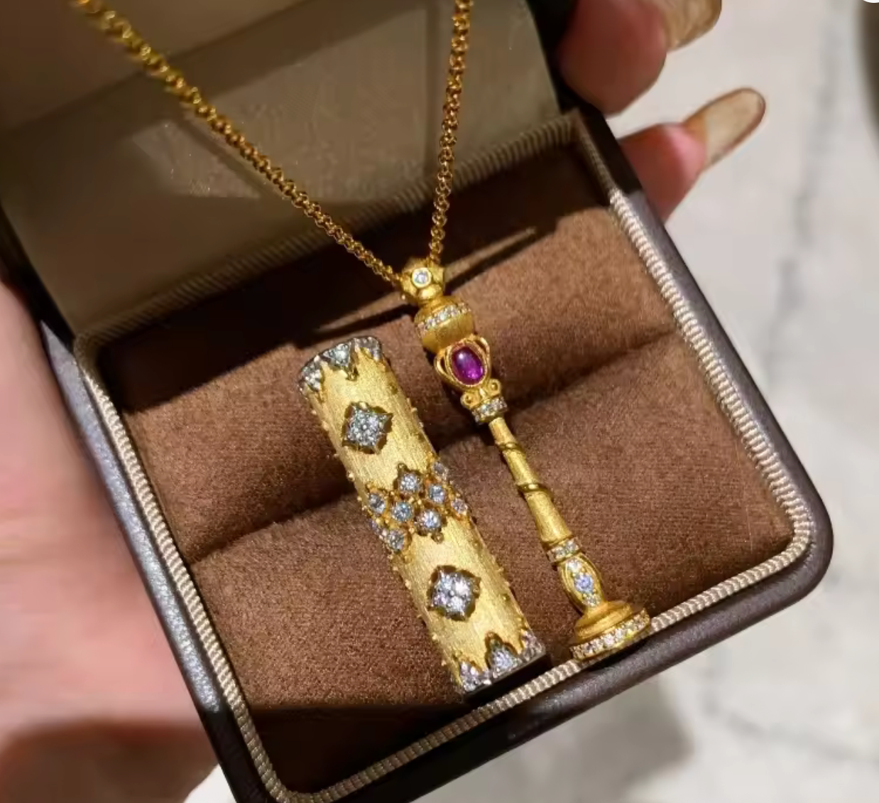 Vintage Chinese Style Brushed Cylindrical Necklace with Ruby Pendant