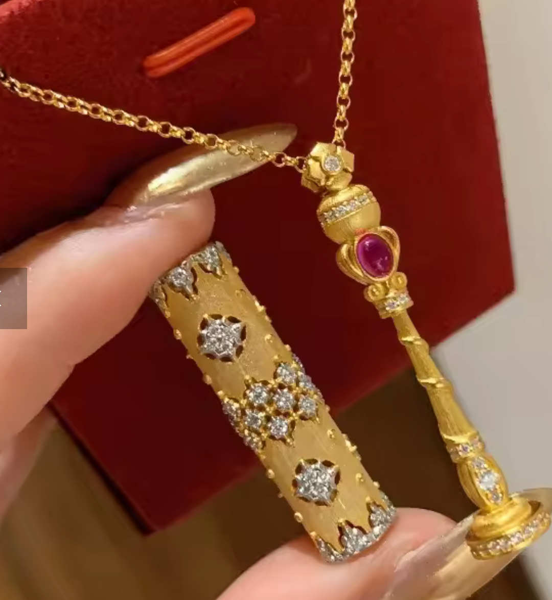 Vintage Chinese Style Brushed Cylindrical Necklace with Ruby Pendant