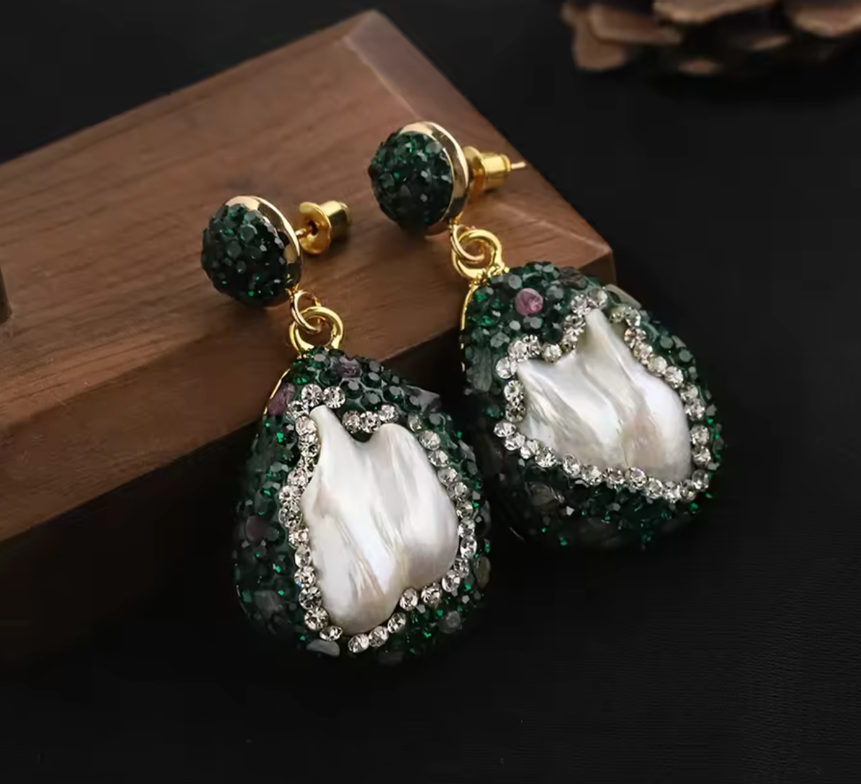 Natural Baroque Pearl & Green Zircon Stud Earrings