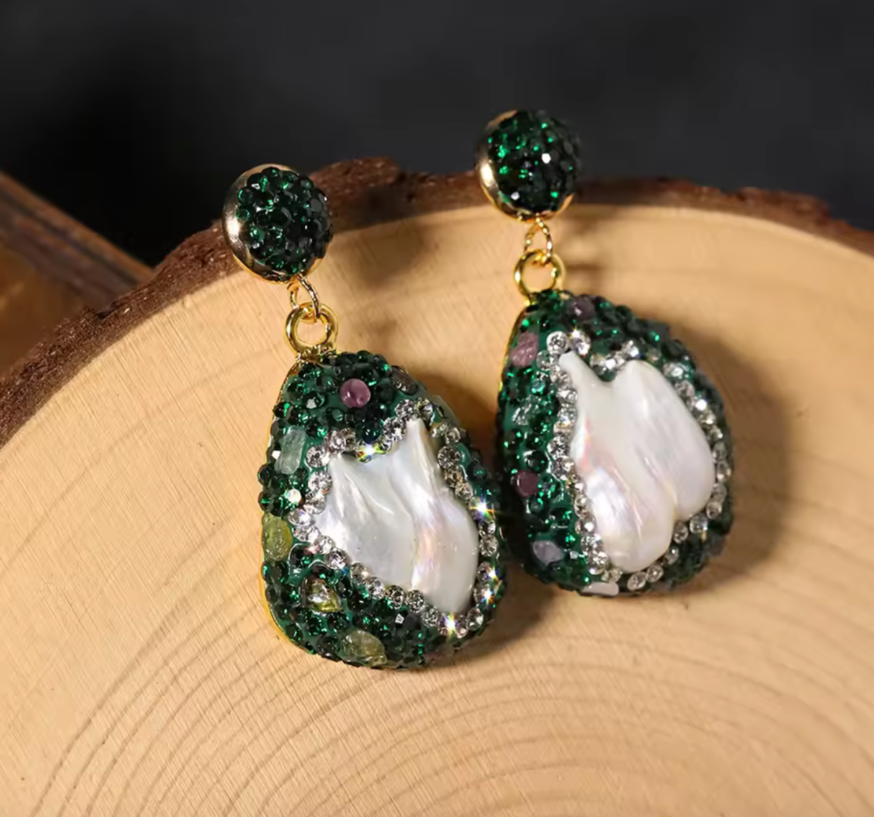 Natural Baroque Pearl & Green Zircon Stud Earrings