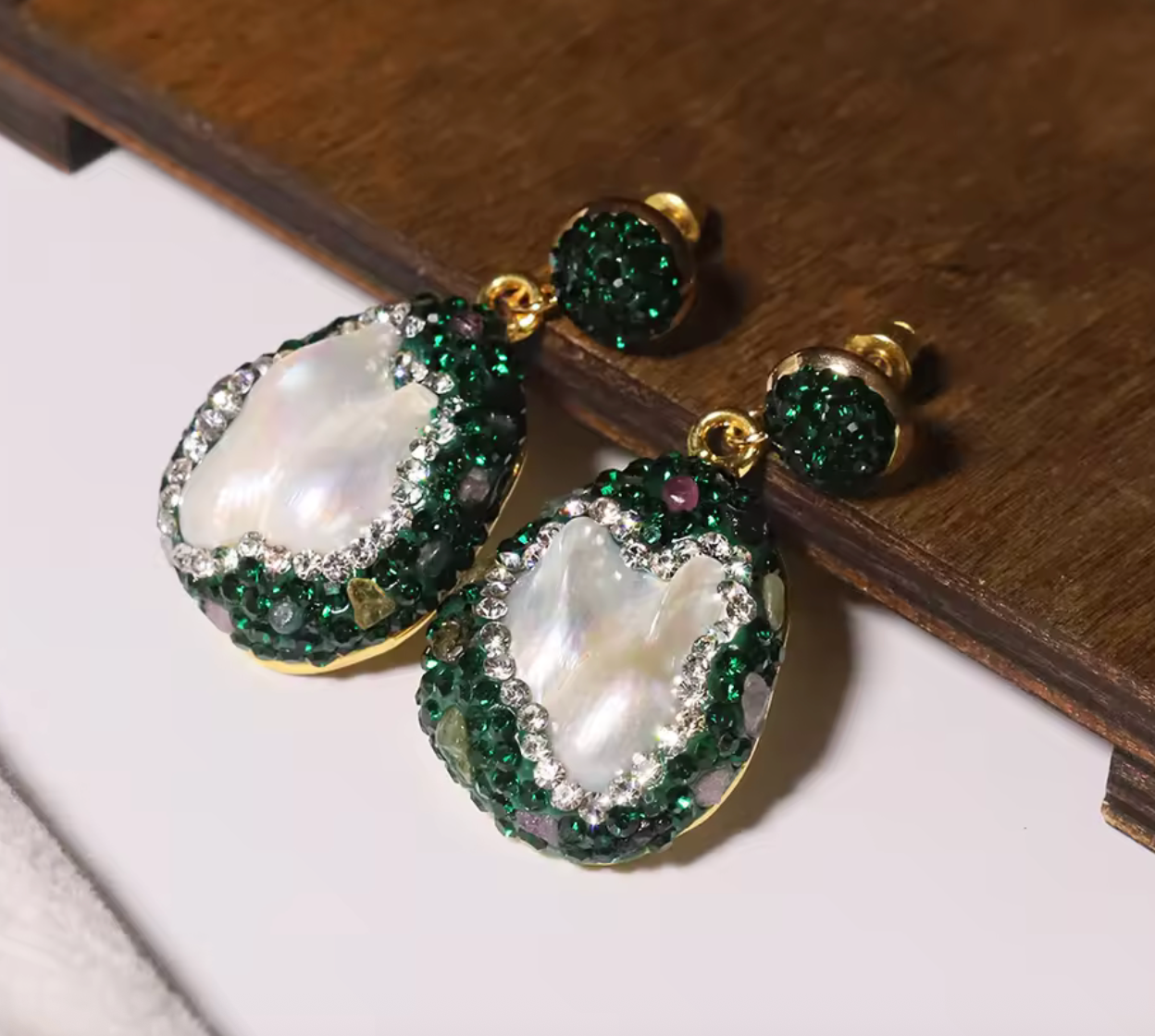 Natural Baroque Pearl & Green Zircon Stud Earrings