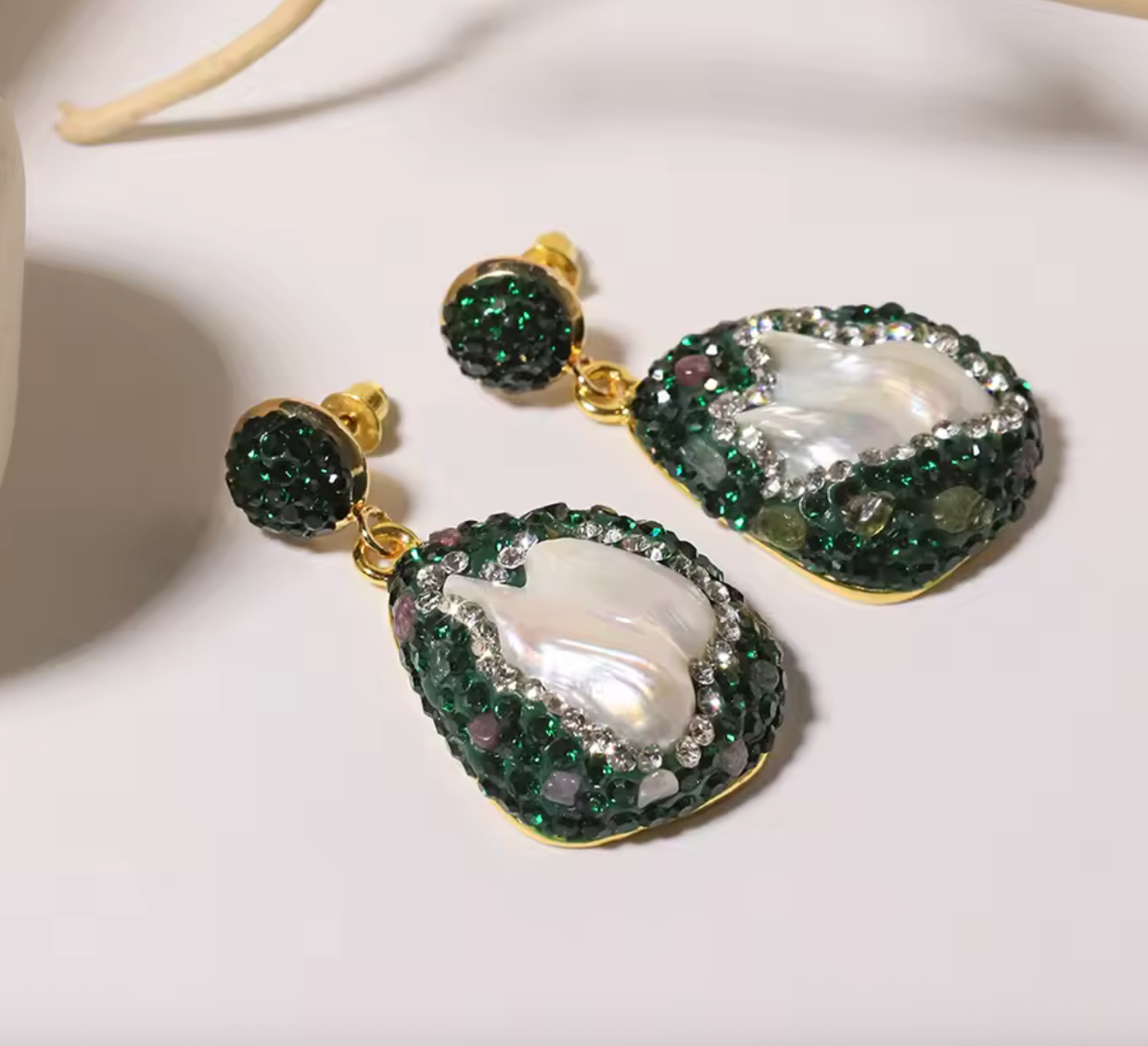 Natural Baroque Pearl & Green Zircon Stud Earrings