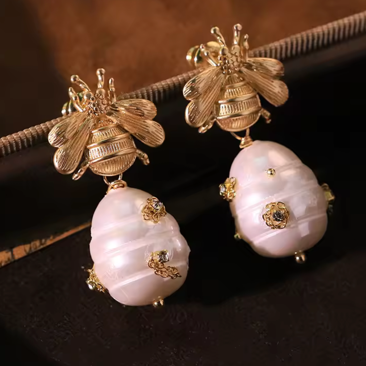 Vintage Bee Shell Bead Earrings