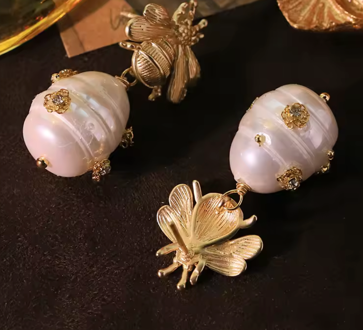 Vintage Bee Shell Bead Earrings